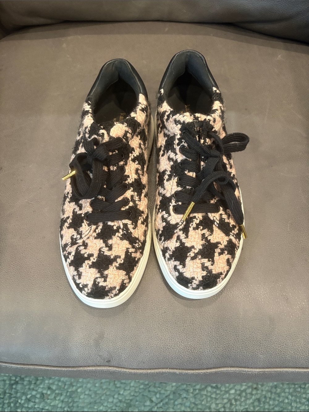 Kate Spade Black and Cream Houndstooth Lace-Up Sneakers for Women